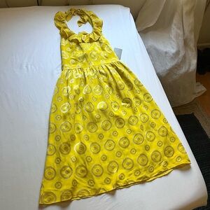 NWT LAUREN MOFFATT yellow circle dot print satin halter neck ruffle midi dress